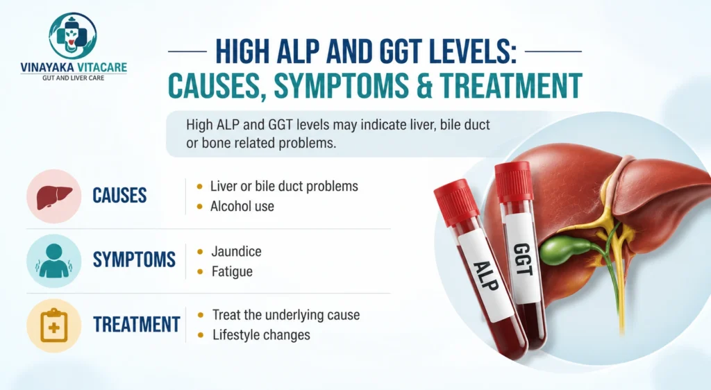 Medical illustration of the liver and bile ducts representing elevated ALP and GGT blood test levels